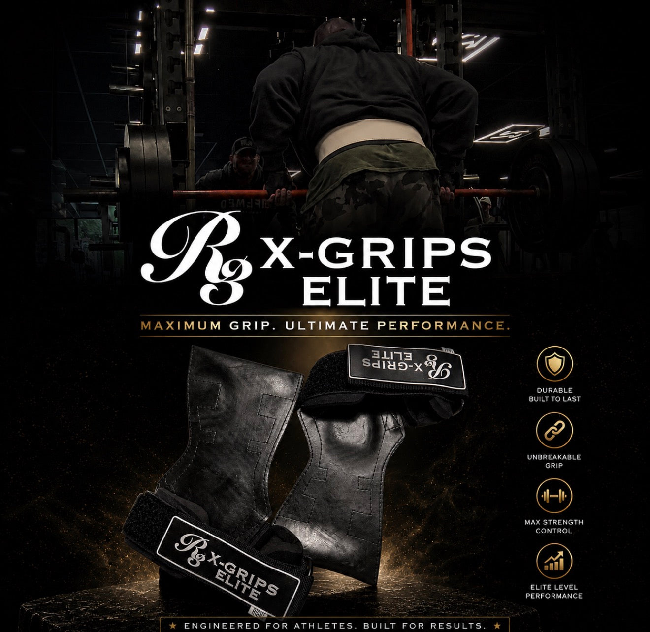Person performing a pull-up with X-Grips Elite on display, featuring the brand's logo and product details.