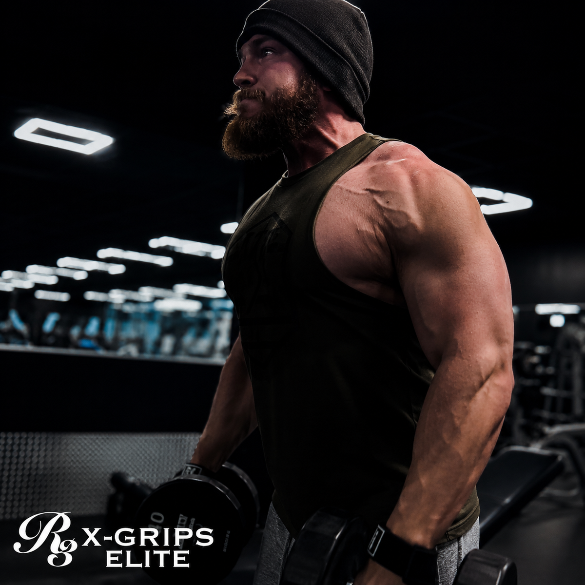 Muscular man in a gym setting with 'X-Grips Elite' branding.