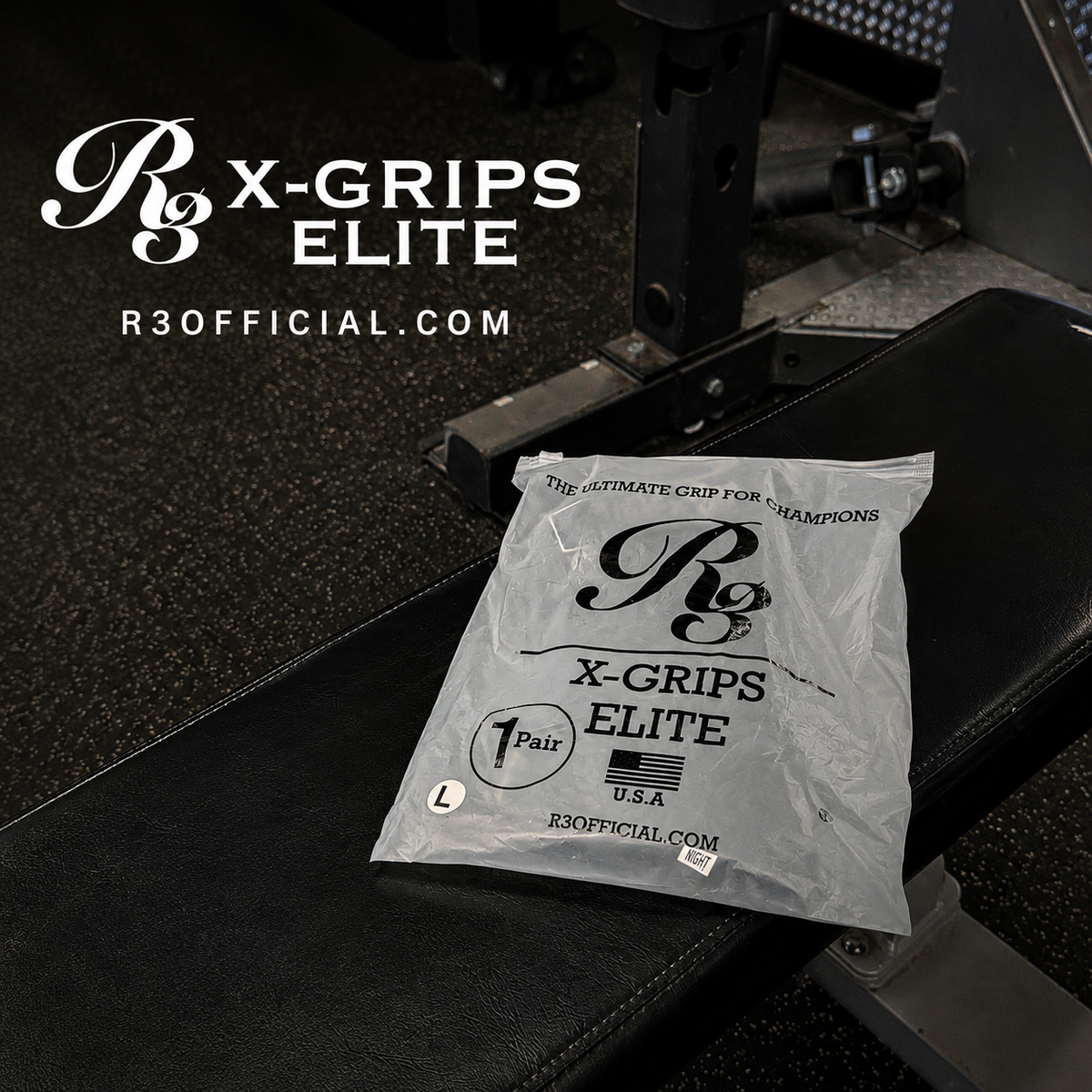 Bag of X-Grips Elite on a black background with brand logo and website text.