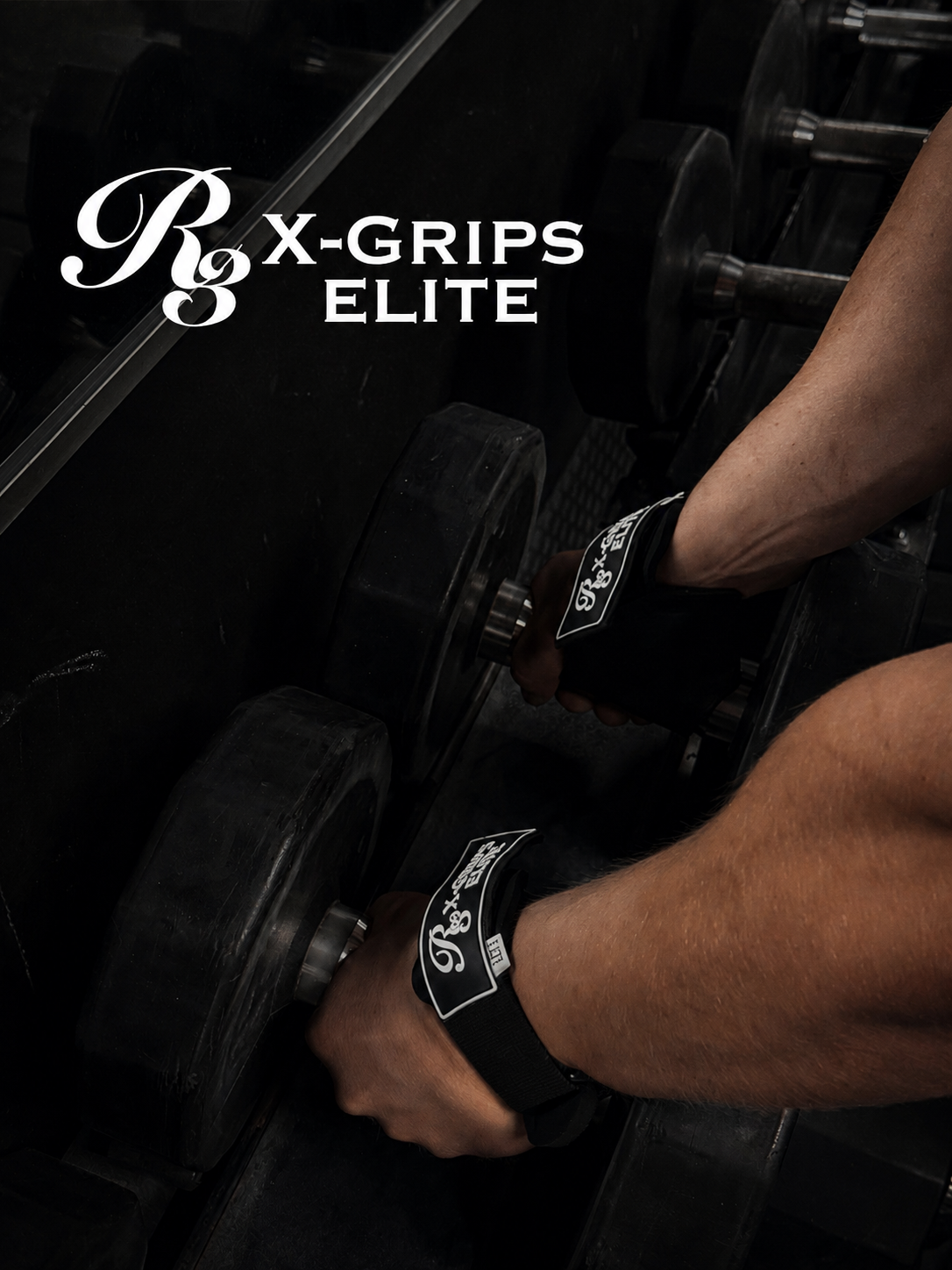 Person using dumbbells with X-Grips Elite branding in a gym setting.