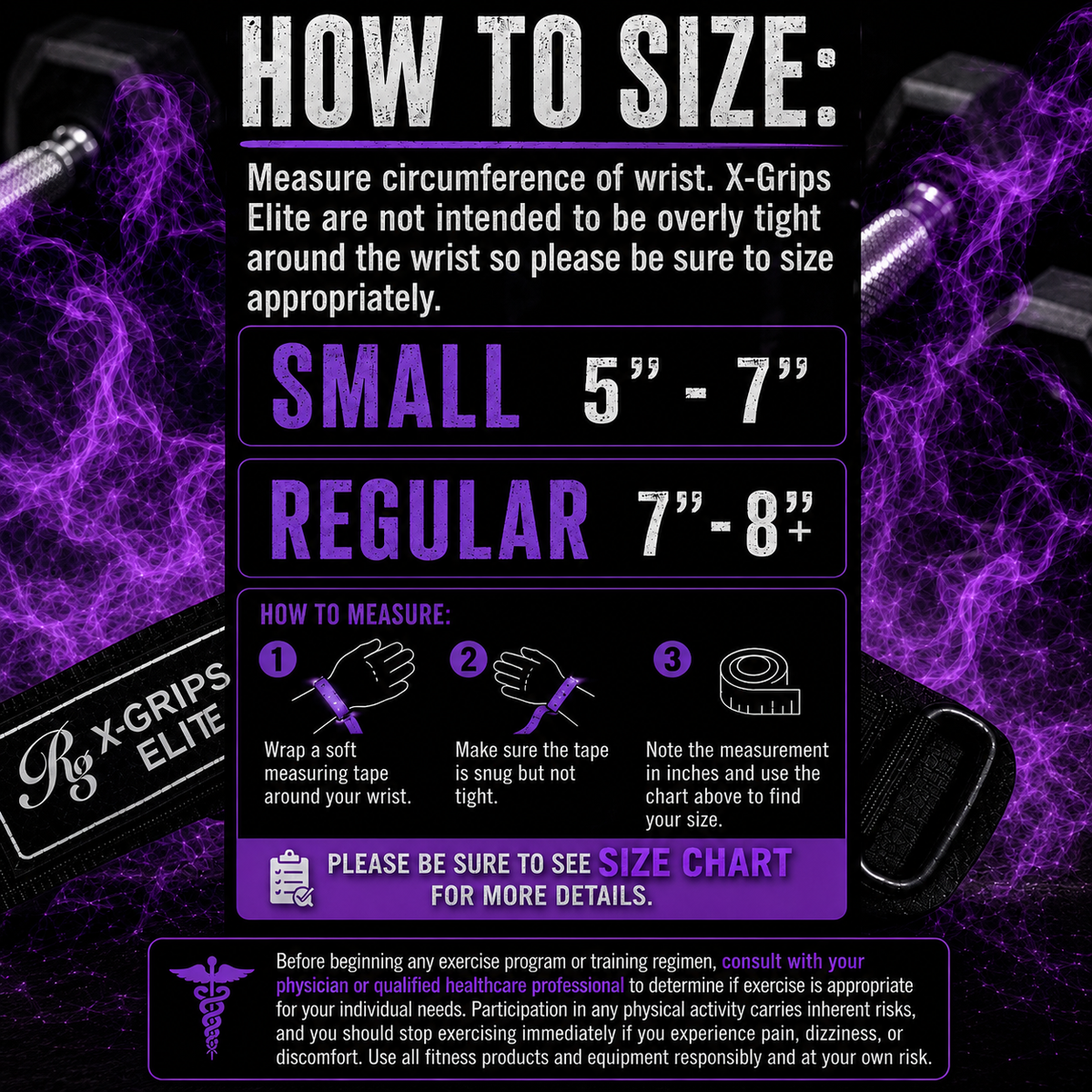 Instructions for sizing X-Grips Elite wrist wraps with purple and black design elements.